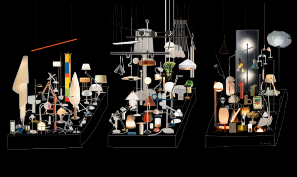 Cartel gráfico mostrando 100 lámparas de la exhibición INSPIRED IN BARCELONA LUCE Milano Design Week 25