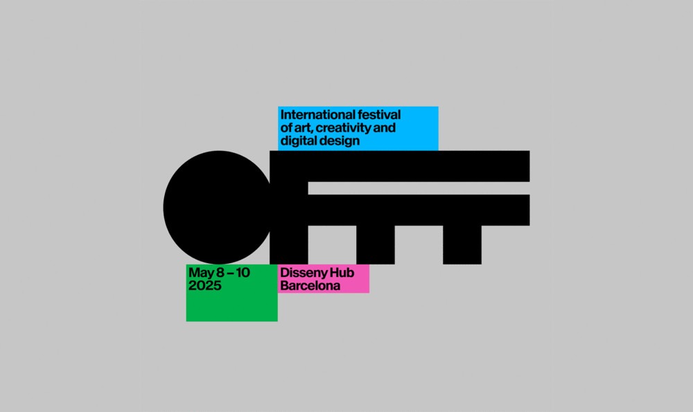 Póster del festival OFFF con las letras OFFF centrales grandes y en negro sobre un fondo gris