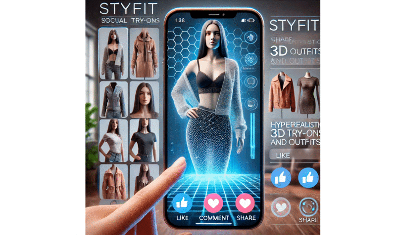 Una representación visual de una app móvil para probarse ropa que se integra con las redes sociales. Muestra una interfaz móvil elegante donde los usuarios comparten sus pruebas virtuales.