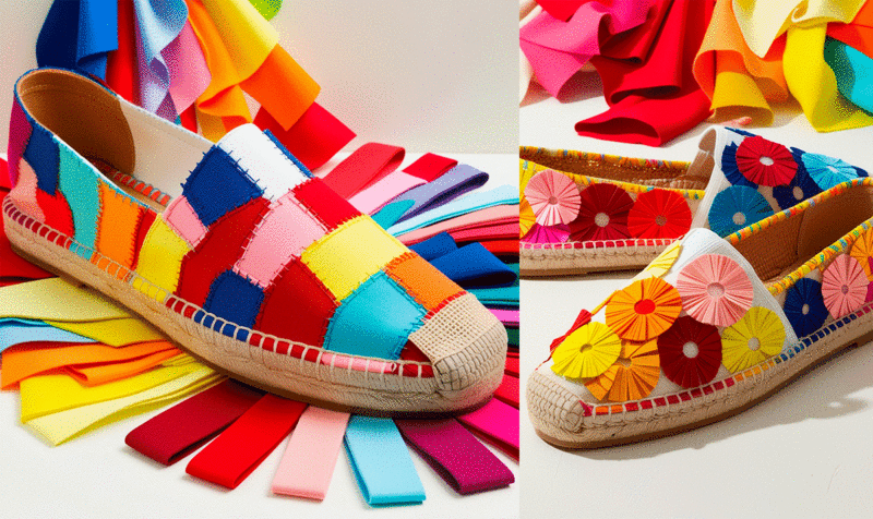 Dos modelos de espardeñas artesanales de múltiples colores con fondo de telas de colores