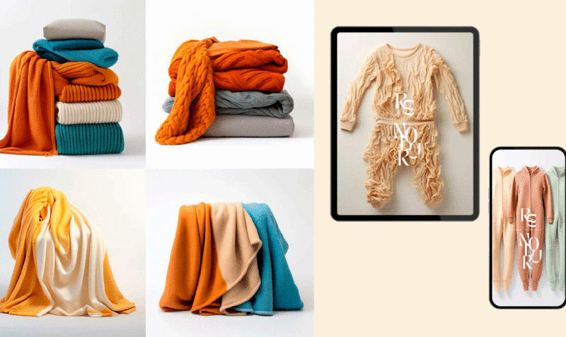 Collage con varias imágenes con prendas de la colección Re'nolur: mantas, pijamas...