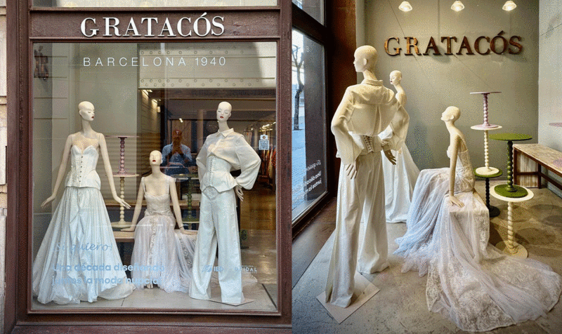 Collage con dos fotos mostrando tres diseños de novias en el escaparate de la tienda de Gratacós
