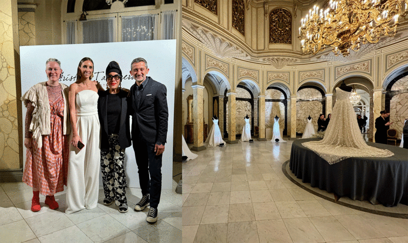 Dos imágenes del desfile de Cristina Tamborero con, en la foto de la izquierda, cuatro personas posando: Julia Weems, directora de la Escuela de Moda del IED Barcelona; la diseñadora Cristina Tamborero; Pilar Pasamontes, directora científica de la Escuela de Moda del IED Barcelona, y Andrea Marchesi, director del IED Barcelona.