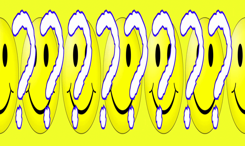 Póster con emoticono repetido de cara sonriente sobre fondo amarillo y un interrogante intercalado entre cada cara