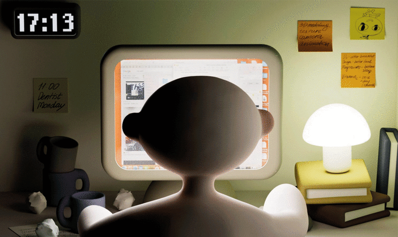 Fotograma en 3D mostrando un personaje calvo de espaldas mirando una pantalla de ordenador en un dormitorio