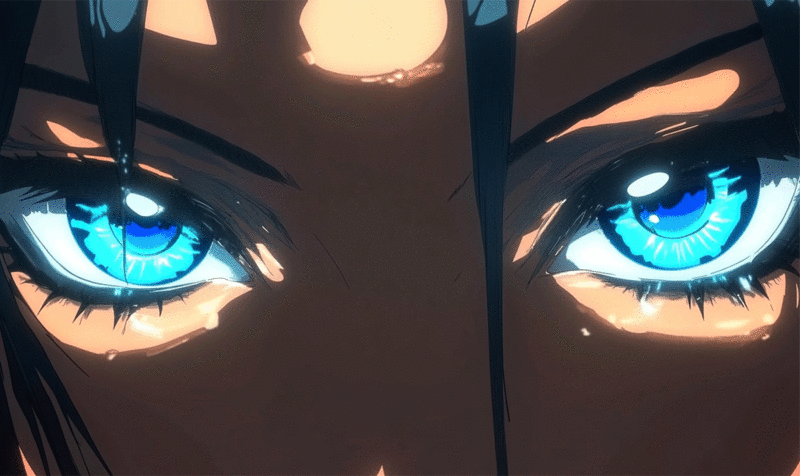 Fotograma anime de un primerísimo primer plano de unos ojos azules iluminados con sombras alrededor