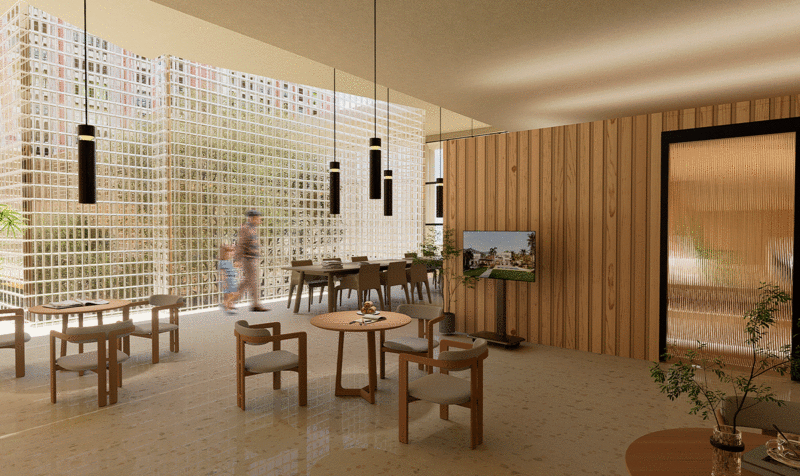 Un comedor con un señor mayor y su nieta, con diversas mesas y un televisor, paredes de pavés transparente y tablones de madera