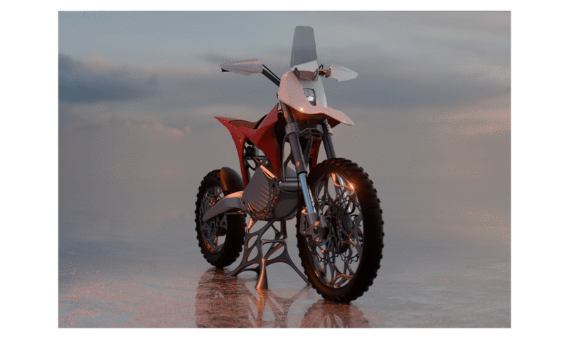 Plano frontal de unaotocicleta elèctrica offroad roja y blanca en un paisaje gris