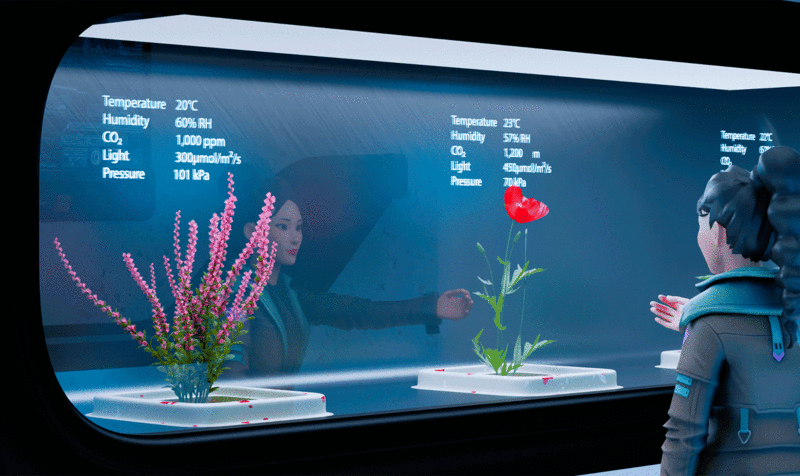 Mujer astronauta dentro de una nave observando el crecimiento de plantas en las instalaciones del laboratorio 