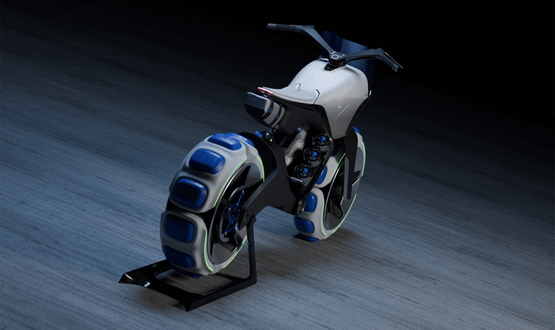 Visión trasera de una moto eléctrica ffroad con detalles azules y grandes volúmenes en ruedas sobre un fondo oscuro con suelo de parquet 