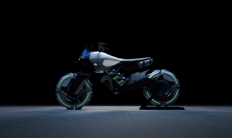 Visión lateral de una moto eléctrica ffroad con detalles azules y grandes volúmenes en ruedas sobre un fondo oscuro con suelo de parquet 