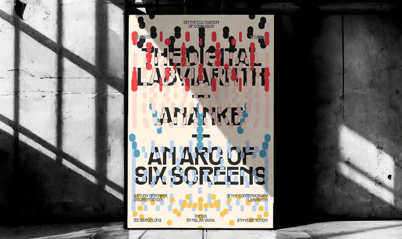 Póster de una exposición apoyado sobre un fondo industrial