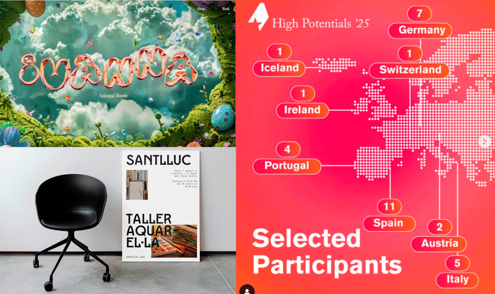 Dos proyectos de artes visuales del IED Barcelona, junto al cartel del progarma High Potentials 