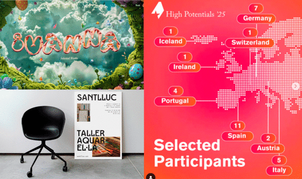 Dos proyectos de artes visuales del IED Barcelona, junto al cartel del progarma High Potentials 