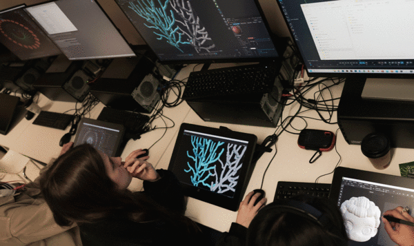 Tres estudiantes del IED Barcelona diseñando con las tabletas digitales XPPEN