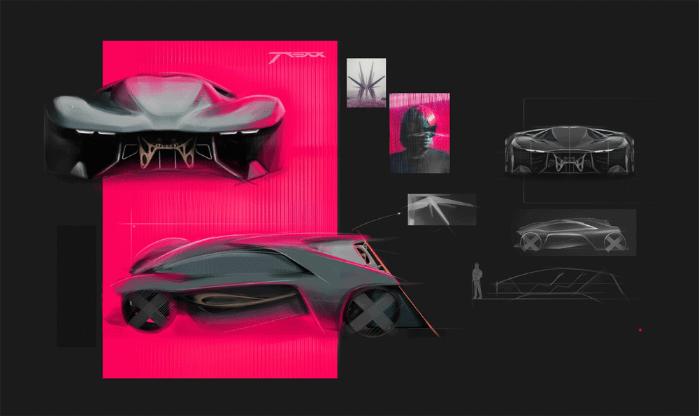 Varios bocetos de diseño de un coche de líneas futuristas sobre fondo negro y rojo