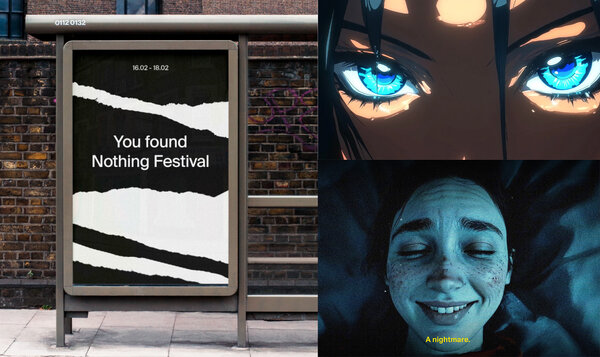 collage con tres fotos: a la izquierda en vertical, marquesina con un cartel en blanco y negro de NOTHING FESTIVAL; derecha superior, fotograma anime de primer plano de unos ojos azules; inferior derecha: primer plano de la cara sonriente de una chica estirada en una cama
