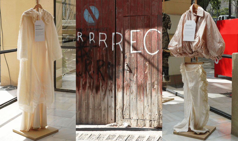 collage de tres fotos: dos maniquís de moda sostenible y una puerta con el nombre del festival rec escrito a mano