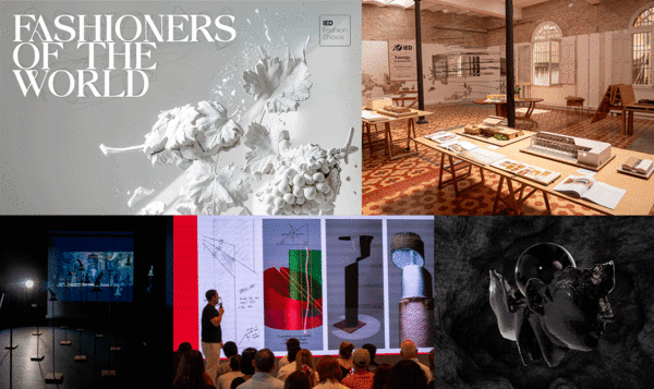 Collage con varias imágenes: un póster de un desfile de moda con unas uvas de yeso sobre un fondo gris; una exhibición de maquetas de diseño de interiores; un estudiante frente a una pantalla mostrando un diseño de producto; una cara en 3D sobre un fondo negro