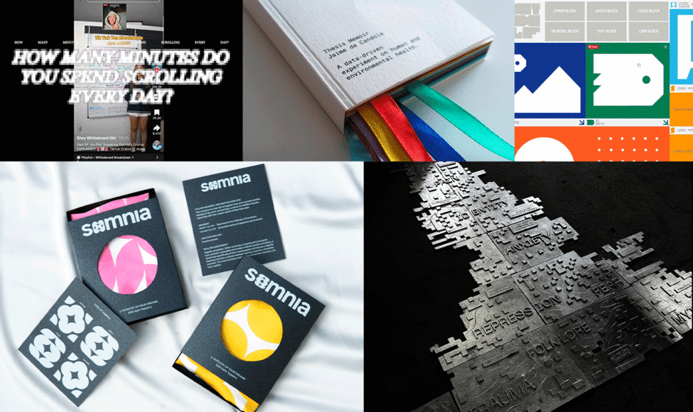 Collage de cinco fotos mostrando 4 cajas de packaging, un libro, un pantallazo de instagram, una página web y un libro de metal