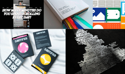 Collage de cinco fotos mostrando 4 cajas de packaging, un libro, un pantallazo de instagram, una página web y un libro de metal