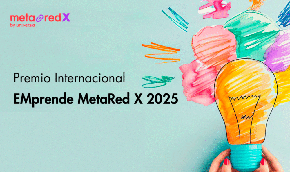 En el lateral derecho, manos de mujer sosteniendo una bombilla dibujada sobre un fondo verde claro y, a la izquierda, el texto Premio Internacional EMprende MetaRed X 2025 