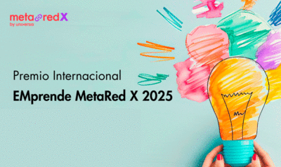 En el lateral derecho, manos de mujer sosteniendo una bombilla dibujada sobre un fondo verde claro y, a la izquierda, el texto Premio Internacional EMprende MetaRed X 2025 
