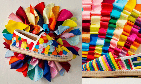 Dos modelos de espardeñas artesanales de múltiples colores con fondo de telas de colores
