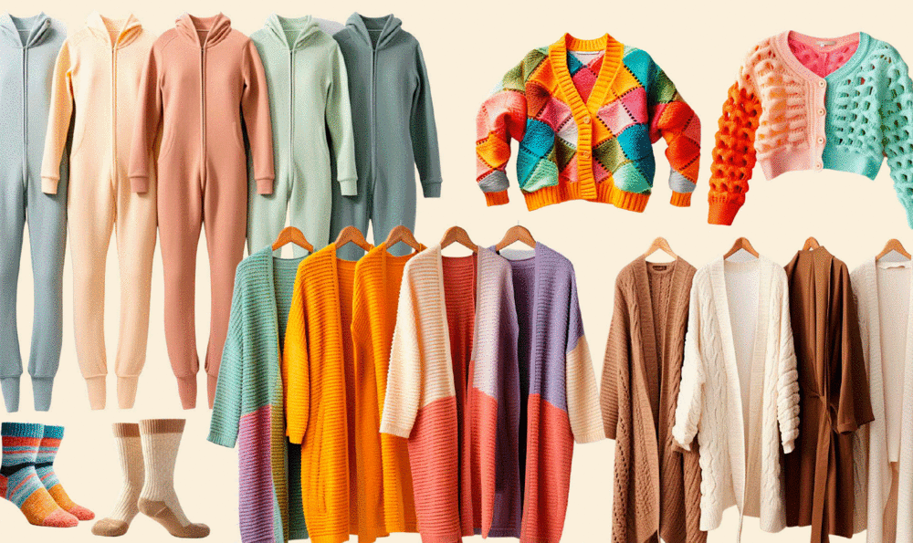 Catálogo con varias prendas en colorida cachemira: chaquetas, calcetines, pijamas...