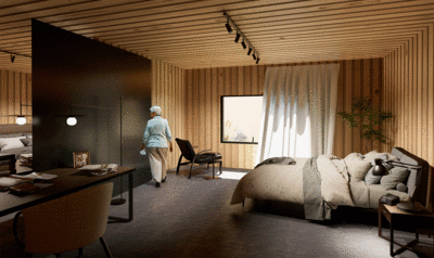 Un dormitorio para personas mayores, con paredes y techo de madera y una gran cama en el lateral derecho