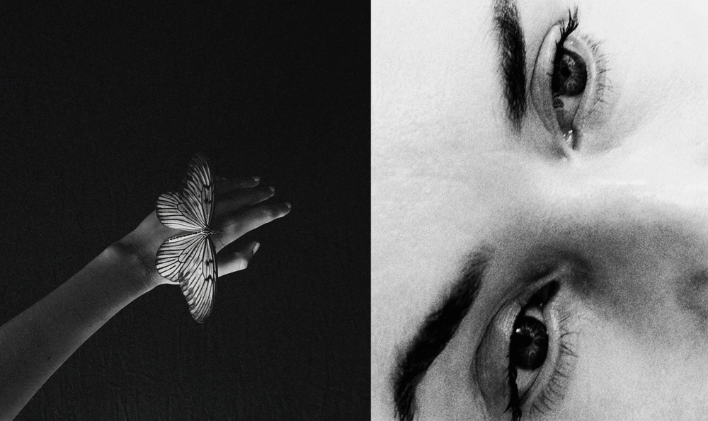 Collage de dos fotos en blanco y negro. A la izquierda, una mano con una mariposa. A la derecha, primer plano de unos ojos. 