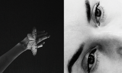 Collage de dos fotos en blanco y negro. A la izquierda, una mano con una mariposa. A la derecha, primer plano de unos ojos. 