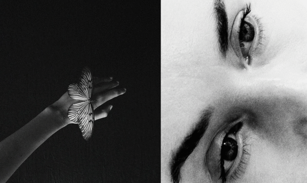 Collage de dos fotos en blanco y negro. A la izquierda, una mano con una mariposa. A la derecha, primer plano de unos ojos. 