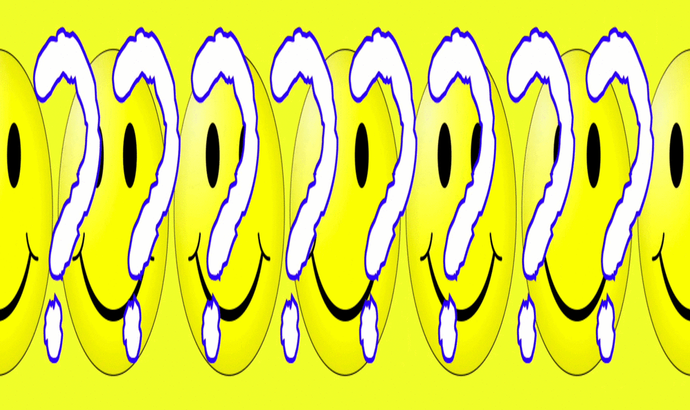 Sucesión de interrogantes y emoticonos de la cara sonriente sobre fondo amarillo