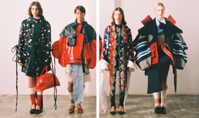 Cuatro modelos con looks de estampados geométricos en colores vivos: rojo, negro y azul