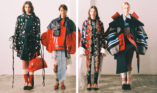 Cuatro modelos con looks de estampados geométricos en colores vivos: rojo, negro y azul