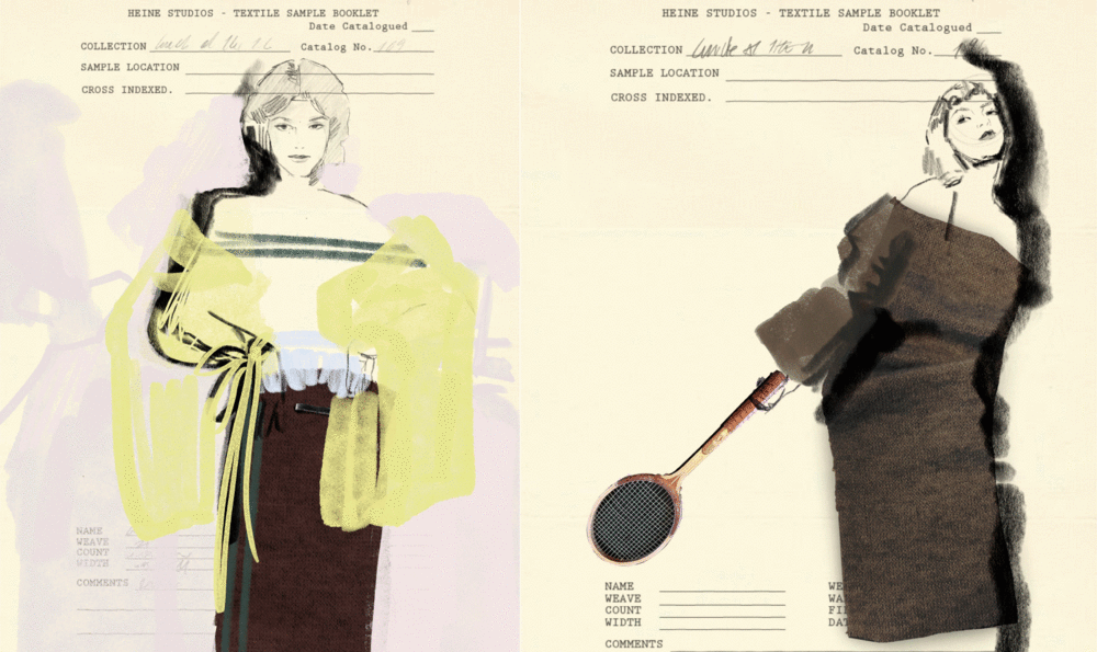Dos ilustraciones de moda estilo vintage con modelos sofisticadas sobre un fondo de papel beige