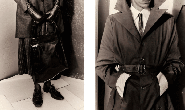 Dos fotos en colores sepia de detalles de un hombre trajeado con gabardina