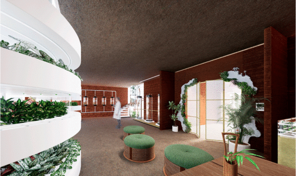 Interior de un habitáculo en Marte con estanterías a la izquierda con plantas, sillones verdes en el centro y al fondo cilindros para la reproducción de especies