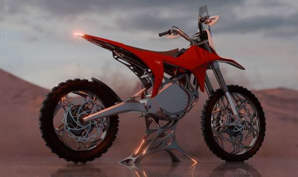 Motocicleta elèctrica offroad roja y blanca en un paisaje desértico vista de lado