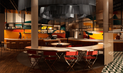 Elegante y moderno comedor de un restaurante con la barra de bar al fondo